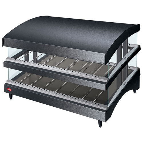 Hatco GR3SDS-27DCT 27.18"W Glo-Ray® Slant  Dual-Shelf  with Curved Top Heated Glass Merchandising Warmer, Countertop Display, 2 Shelves, 10 Rods, 1340 Watts, LED Lighting, Thermostat, Heated Glass Shelves