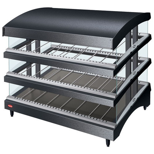 Hatco GR3SDS-27TCT 27.18"W Glo-Ray® Slant Triple-Shelf with Curved Top Heated Glass Merchandising Warmer, Countertop Display, 3 Shelves, 15 Rods, 2095 Watts, LED Lighting, Thermostat, Heated Glass Shelves