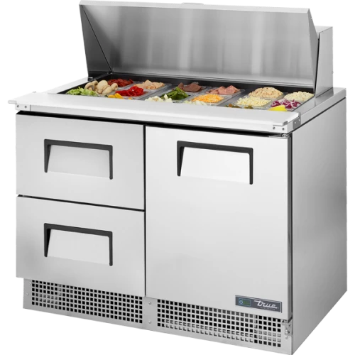 True TFP-48-18M-D-2-HC 48 1/8"W Refrigerated Sandwich/Salad Prep Table, (1) Solid Door and (2) Drawers, (18) 1/6-Size Top Pans, 8" Cutting Board, 1/5 HP, 17.7 cu. ft.