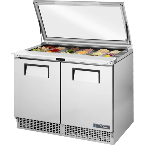 True TFP-48-18M-FGLID-HC 48 1/8"W Refrigerated Sandwich/Salad Prep Table, (2) Solid Doors, Flat Glass Lid, (18) 1/6-Size Top Pans, 8" Cutting Board, 1/5 HP, 17.7 cu. ft.