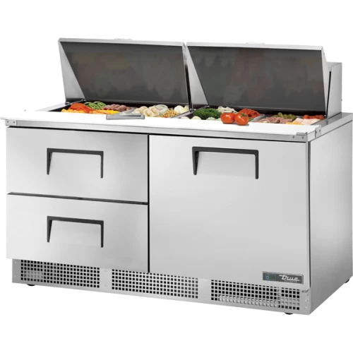 True TFP-64-24M-D-2-HC 64 1/8"W Refrigerated Sandwich/Salad Prep Table, (1) Solid Door and (2) Drawers, (24) 1/6-Size Top Pans, 8" Cutting Board, 1/2 HP, 24 cu. ft.