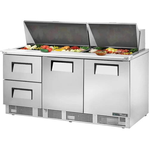 True TFP-72-30M-D-2-HC 72 1/8"W Refrigerated Sandwich/Salad Prep Table, (2) Solid Doors and (2) Drawers, (30) 1/6-Size Top Pans, 8" Cutting Board, 1/2 HP, 27.3 cu. ft.