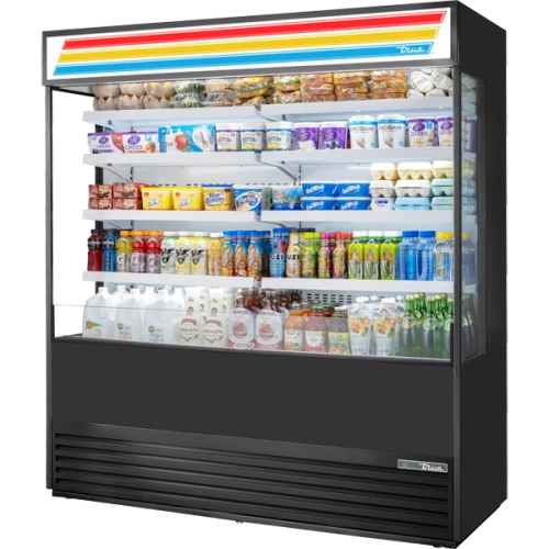 True TOAM-72GS-HC~TSL01 72"W Open Air Merchandiser Refrigerator with Glass Sides and Illuminated Sign Panel, Open Front, Bottom Mount, (3) 3/4 HP Compressors, 47.5 cu. ft.