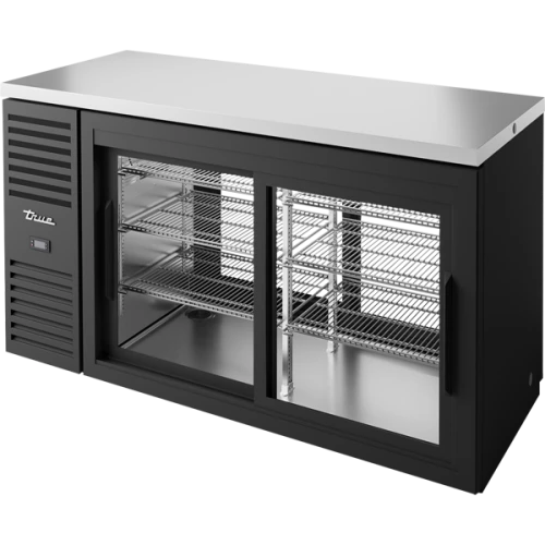 True TBR60-PTSZ1-L-B-11-11-1 60"W Black Single-Zone Pass-Thru Back Bar Refrigerator, (2) Glass Front and (2) Glass Rear Sliding Doors, (2) Sections, Left Side Mount, 1/4 HP, 16 cu. ft.