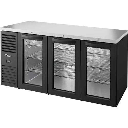 True TBR72-RISZ1-L-B-GGG-1 72"W Black Single-Zone Reach-In Back Bar Refrigerator, (3) Glass Swing Doors, (3) Sections, Left Side Mount, 1/4 HP, 20.2 cu. ft.