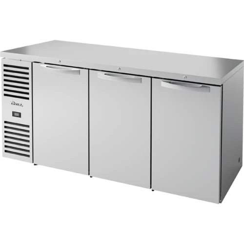 True TBR72-RISZ1-L-S-SSS-1 72"W Stainless Steel Single-Zone Reach-In Back Bar Refrigerator, (3) Solid Swing Doors, (3) Sections, Left Side Mount, 1/4 HP, 20.2 cu. ft.