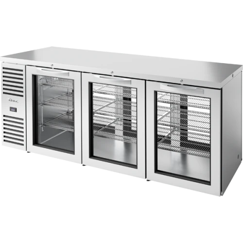 True TBR84-PTSZ1-L-S-GGG-GGG-1 84"W Stainless Steel Single-Zone Pass-Thru Back Bar Refrigerator, (3) Glass Front and (3) Glass Rear Swing Doors, (3) Sections, Left Side Mount, 1/4 HP, 27 cu. ft.