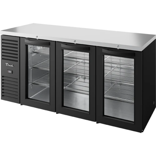 True TBR84-RISZ1-L-B-GGG-1 84"W Black Single-Zone Reach-In Back Bar Refrigerator, (3) Glass Swing Doors, (3) Sections, Left Side Mount, 1/4 HP, 25 cu. ft.