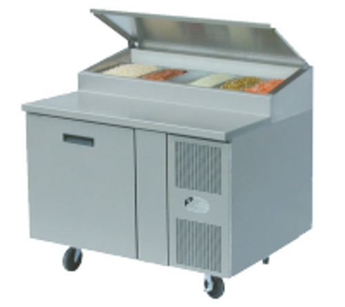 Randell 8148N-290-PCB One Section Solid Hinged Door 9 cu ft 48”W Stainless Steel Refrigerated Raised Condiment Narrow Rail Prep Tables | 9 cubic feet 48 inch Wide Pizza / Sandwich / Salad Prep Table With Cutting Board, 6 (⅓ Size) Pan Capacity, 1 Swing Door and R290 Refrigerant