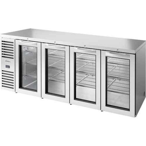 True TBR92-RISZ1-L-S-GGGG-1 92"W Stainless Steel Single-Zone Reach-In Back Bar Refrigerator, (4) Glass Swing Doors, (4) Sections, Left Side Mount, 1/4 HP, 27.8 cu. ft.