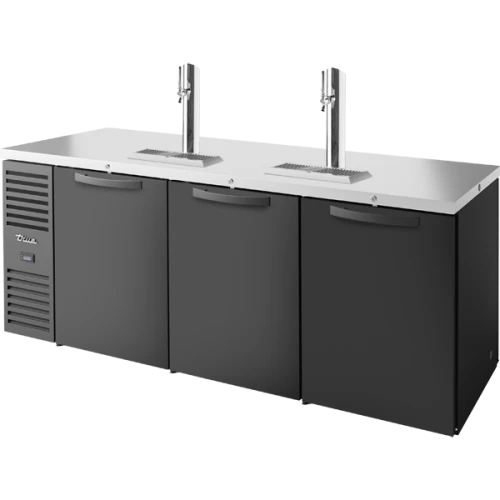True TDR84-PTSZ1-L-B-SSS-SSS-1 84"W Black Single-Zone Pass-Through Draft Beer Dispenser, (6) Solid Swing Doors, (3) Sections, (2) Single-Faucet Draft Towers, Left Side Mount, 1/4 HP, 27.6 cu. ft.