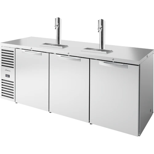 True TDR84-PTSZ1-L-S-SSS-SSS-1 84"W Stainless Steel Single-Zone Pass-Through Draft Beer Dispenser, (6) Solid Swing Doors, (3) Sections, (2) Single-Faucet Draft Towers, Left Side Mount, 1/4 HP, 27.6 cu. ft.