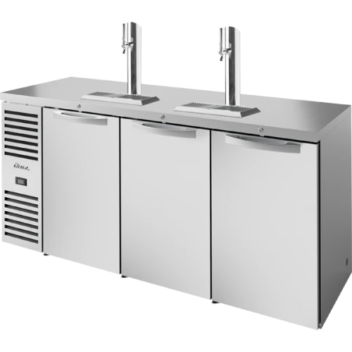 True TDR84-RISZ1-L-S-SSS-1 84"W Stainless Steel Single-Zone Reach-In Draft Beer Dispenser, (3) Solid Swing Doors, (3) Sections, (2) Single-Faucet Draft Towers, Left Side Mount, 1/4 HP, 24.9 cu. ft.