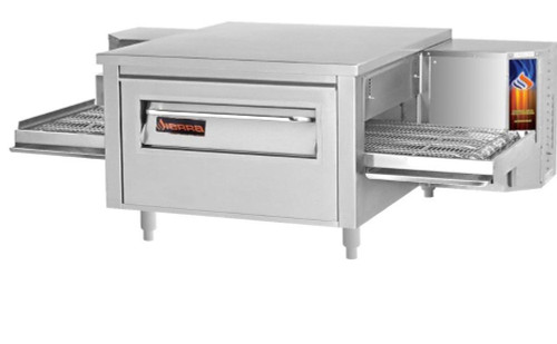 Sierra Range C1830G Single Stack Stainless Steel Gas Countertop Conveyor Pizza Ovens by MVP Group Corp | One (1) Deck Stackable Oven with 30 inch Wide Belt, Reversible Conveyor and 30" Long x 18" Deep Cooking Chamber 50000 BTU