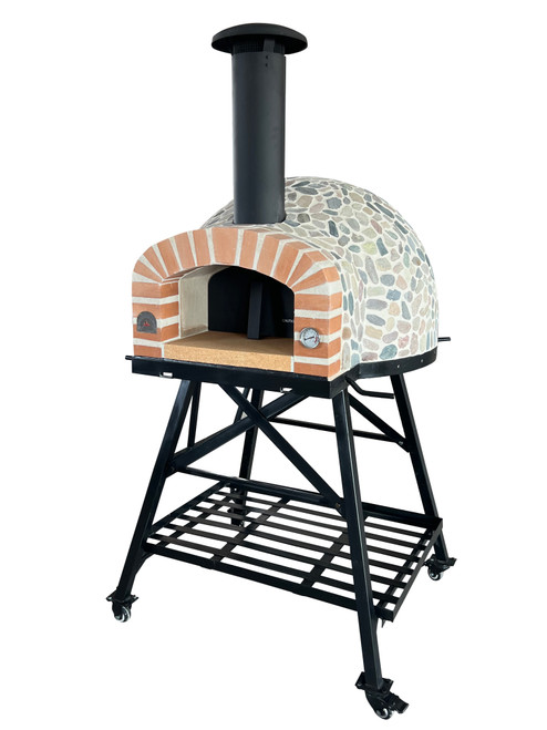 Vera Pizza Ovens Fiume Selvaggio OP84 - Wood Burning Oven with Mushroom Granite Mosaic Tiles, River Rock Finish