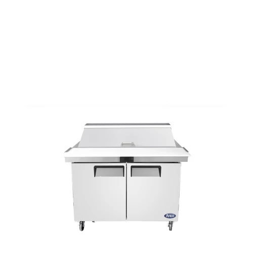 Atosa MSF8306GR 48.20"W Sandwich/Salad Top Refrigerator, (2) Section (2) Solid Hinged Doors, (18) 1/6 Poly Pans, 13.4 Cu/Ft Capacity, Rear Mount, Refrigerant R290