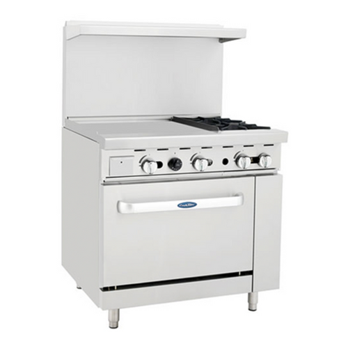 Atosa CookRite AGR-2B24GL-NG 36" 2 Burner & 24" Left-Side Griddle Natural Gas Range with Standard Oven - 118,000 BTU, 2 Hot Plates 2 Griddle 1 Oven