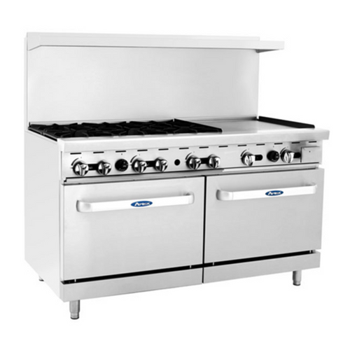 Atosa CookRite AGR-6B24GR-LP 60" 6 Burner & 24" Right-Side Griddle Liquid Propane Range with 2 Standard Ovens - 240,000 BTU, 6 Hot Plates 2 Griddle 2 Oven