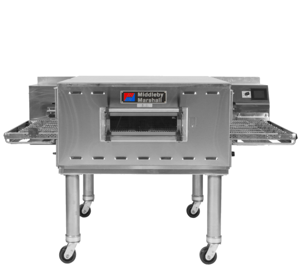 Middleby Marshall PS638 ventless electric conveyor pizza oven on a stainless stand with casters