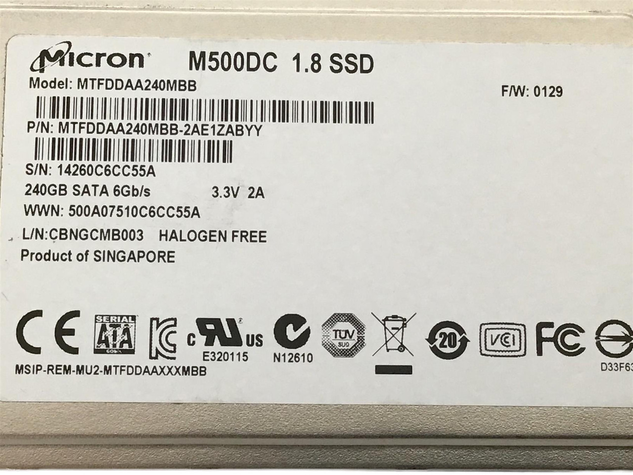 240GB SATA SSD MTFDDAA240MBB Micron 1.8