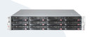 Supermicro Brand 2U Height Server, with total of 12, 3.5 Inch Drive bays Front View display Drive Bays with Rack Ears.