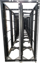 Two tall, black 4-post open-frame server racks