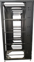 A close-up front view of a black 4-post open-frame server rack