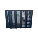 A straight-on front view of five black APC 42U server rack cabinets lined up side-by-side with perforated mesh front doors closed,