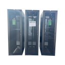 Three black APC 42U server rack cabinets standing side-by-side with perforated front mesh doors closed, isolated on a white background.