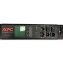 A close-up view of the central display interface panel of an APC by Schneider Electric Rack PDU, showing navigation buttons, status LEDs, and network connection ports.
