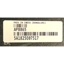 Close-up view of the white product sticker on an APC AP8865 Rack PDU, showing the model number, serial number barcode