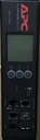 Close-up view of the control interface on an APC Rack PDU, featuring the LCD screen, menu navigation buttons, status LEDs, network management ports, and USB interface.