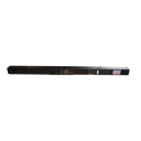 Horizontal view of an APC AP8958 Rack PDU, showing the IEC power inlet, warning labels, LCD display screen, Ethernet network ports, and numbered C13 and C19 power outlets.