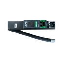 Close-up of an APC by Schneider Electric PDU management module showing the LCD screen interface, network ports, resetting pinhole, label marked "PDU 1", and circuit breakers.