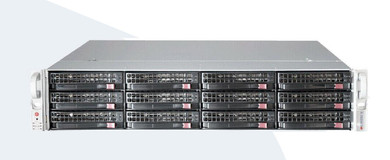 Supermicro Brand 2U Height Server, with total of 12, 3.5 Inch Drive bays Front View display Drive Bays with Rack Ears.