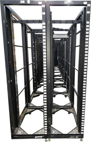 Two tall, black 4-post open-frame server racks