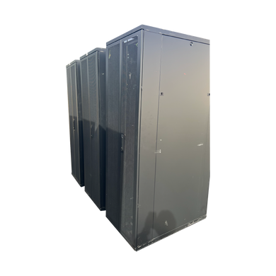 An angled three-quarter rear view of three black 42U server rack cabinets lined up in a row, showcasing solid side panels and split mesh rear doors