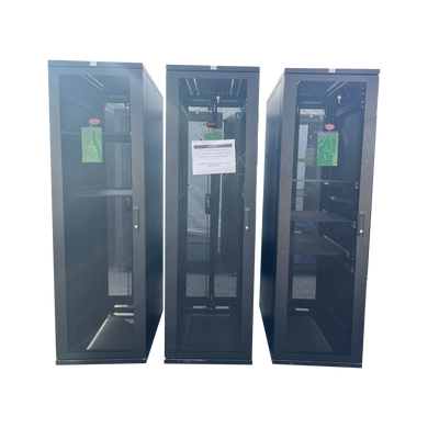 Three black APC 42U server rack cabinets standing side-by-side with perforated front mesh doors closed, isolated on a white background.