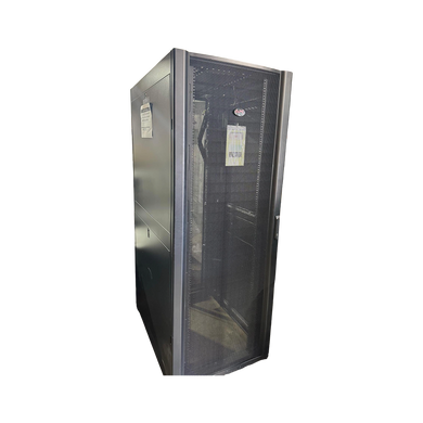 An angled front view of a black APC NetShelter SX 42U server rack enclosure featuring a perforated mesh front door and solid side panels