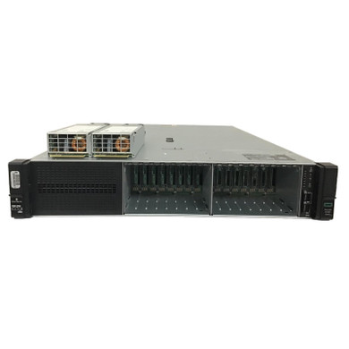 HPE ProLiant DL380 Gen10 2U rack server chassis front view with two hot-plug power supplies resting on top, isolated on a white background.