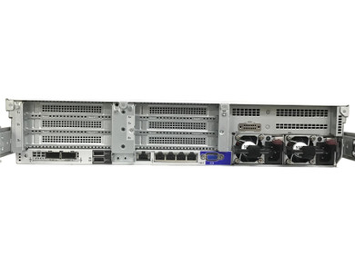 Rear view of an HPE ProLiant DL380 Gen10 server showing PCIe expansion slots, dual power supplies, and I/O ports isolated on a white background.