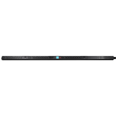 An APC AP8941 Rack Power Distribution Unit (PDU), 0U vertical form factor, featuring multiple IEC outlet banks and a blue LCD digital display