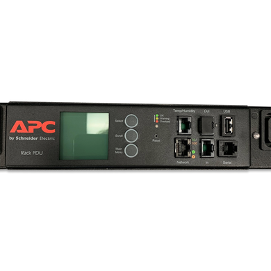 A close-up view of the central display interface panel of an APC by Schneider Electric Rack PDU, showing navigation buttons, status LEDs, and network connection ports.