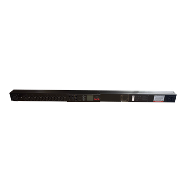 Horizontal view of an APC AP8958 Rack PDU, showing the IEC power inlet, warning labels, LCD display screen, Ethernet network ports, and numbered C13 and C19 power outlets.