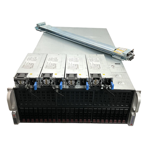 Supermicro 4U Server with 24 2.5" Front Drive Bays with 4 power supply units and rails on top of it. Supermicro 4U Server with 24 2.5" Front Drive Bays with 4 power supply units and rails on top of it.