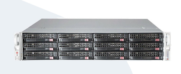 Supermicro Brand 2U Height Server, with total of 12, 3.5 Inch Drive bays Front View display Drive Bays with Rack Ears.