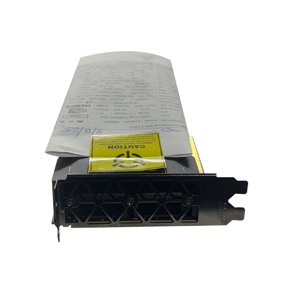 Side view of Tesla V100 32GB GPU focusing on the rear side