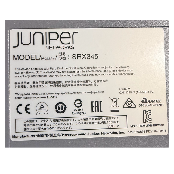 View of label for Juniper SRX345-SYS-JE-2AC