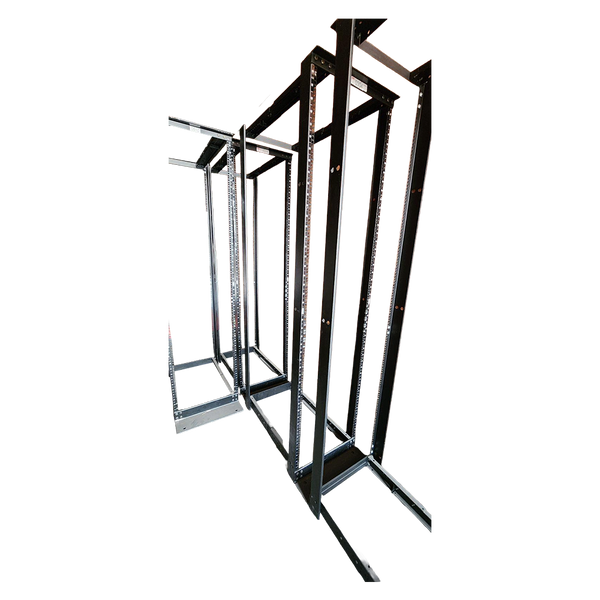 A wide, low-angle shot of four open-frame server racks lined up diagonally
