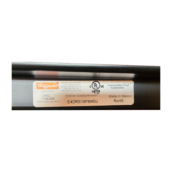 A close-up photograph of a white manufacturer specification sticker affixed to a black metal frame, displaying the Hoffman brand logo, catalog number E4DRS19FM45U, and compliance certifications